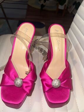 Betsey Johnson Hot Pink Satin Slide Mules with Crystal Button